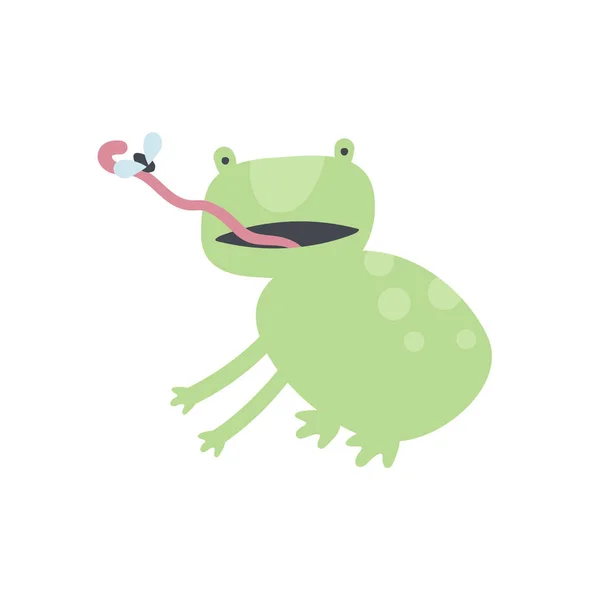Векторні скандинавські ілюстрації персонажів тварин. Барвиста дитяча мила стрибаюча жаба ловить язиком і їсть муху ізольовано на білому тлі. Дизайн для прикраси дитячих товарів, друк, веб-підключення — стоковий вектор