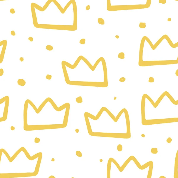 Vector scandinavian crown seamless pattern. Cute childish gold silhouette crowns and handdrawn dots isolated on white background. Texture print for fabric, textile, paper, card. Design for child decor — Stock Vector
