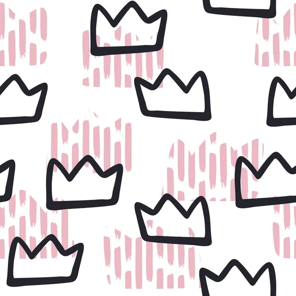 Vektor skandinavischen Krone nahtlose Muster. Lustige kindisch schwarze Silhouette und rosa Strichkronen auf weißem Hintergrund. Texturdruck für Stoff, Textil, Papier, Babyduschkarte. — Stockvektor