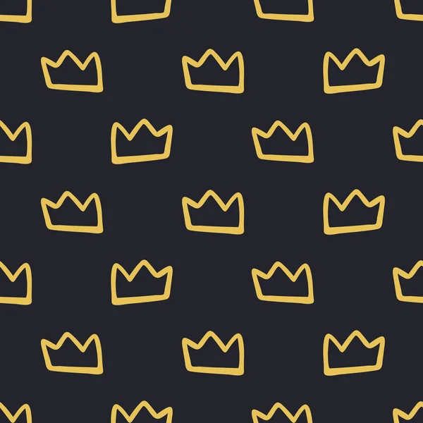 Vector Scandinavian Crown sömlöst mönster. Färg barnslig guld silhuett kronor isolerade på svart bakgrund. Baby shower geometrisk textur tryck för tyg, textil, papper, kort. Design för barn — Stock vektor