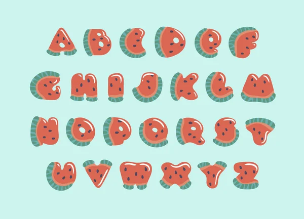ABC med söta vattenmelon bokstäver. Tecknad alfabetet snidade från skivor av vattenmelon med frön och små höjdpunkter isolerade på blå bakgrund. Frukt sommar typsnitt för barn. — Stock vektor
