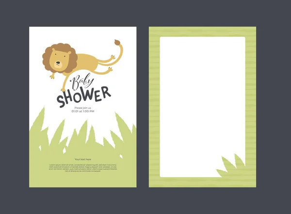 Vector baby shower inbjudningskort mall. Skandinavisk design. Rolig färg lejon hoppa isolerad på vitt med text och grönt gräs bakgrund. Begreppet barnslig stil illustration för tryck. — Stock vektor