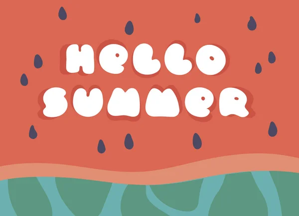 Vattenmelon banner mall med texten "Hello Summer". Färgglad design för sommar affisch eller advertizing. Vit söt barn Font på watemelon textur bakgrund. Illustration till sommar tryck. — Stock vektor