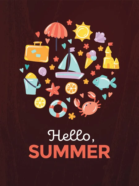 Cirkel banner "Hello, Summer" op zwart met platte vector iconen. Leuke illustratie voor vakantie. Zon, paraplu, zandkasteel, zeester, vis, lifebuoy, citroen, krab, reistas, ijs, cocktail, jacht — Stockvector