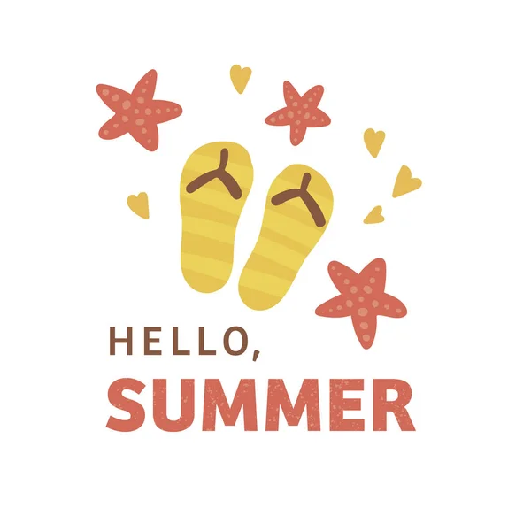Transparent mit der Aufschrift "Hallo, Sommer". Sommerposter mit farbigen flachen Vektorsymbolen. niedliches Doodle Illustration der Sommerferien. Gelbe Flipflops und Seesterne umgeben von Herzen. — Stockvektor