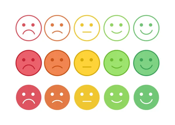 Conjunto de iconos vectoriales de los emoticonos coloridos con diferentes estados de ánimo. Sonrisas con cinco emociones: insatisfechas, tristes, indiferentes, alegres, satisfechas. Elemento del diseño de interfaz de usuario para estimar la evaluación del cliente . — Archivo Imágenes Vectoriales