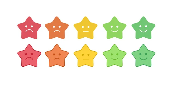 Conjunto de iconos vectoriales de los emoticonos coloridos en forma de estrella con diferentes estados de ánimo. Sonrisas con cinco emociones: insatisfechas, tristes, indiferentes, alegres, satisfechas. Diseño para estimar la evaluación del cliente . — Vector de stock