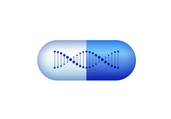 Elementos de design de ciência vetorial. Plana azul gradiente DNA espiral símbolo em 3d pílula isolada em branco. Conceito de gmo, modificação genética. Design para banner científico, cartaz, logotipo, infográfico, web — Vetor de Stock