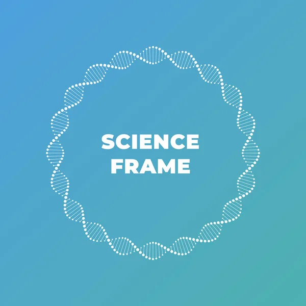 Vector Science DNA platte banner sjabloon. Witte atoom spiraal frame rond tekst houder geïsoleerd op blauwe gradiënt achtergrond. Ontwerp voor web, presentatie, banner, poster. — Stockvector