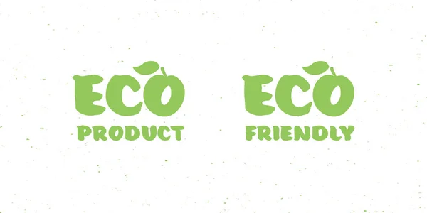Набор векторного шаблона эко логотипа. Green font with with leaf and text "eco product, eco friendly". Концепция экологически чистой пищи, хорошо. Дизайн презентации, плакат, наклейка . — стоковый вектор