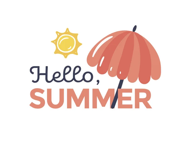 Adverzing "Hello Summer" vector banner sjabloon met cartoon stijl zon en paraplu. Handrawn schattig doodle illustratie. Banner voor het strand seizoen en zomer. — Stockvector