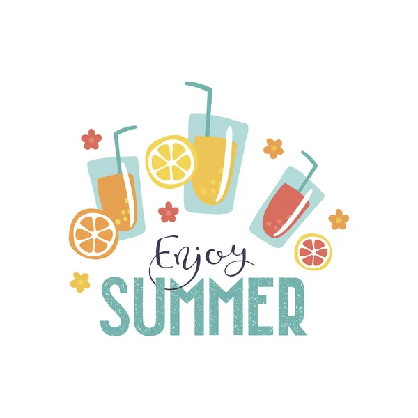 Hand getekende "Enjoy Summer" vector banner sjabloon met cartoon stijl vruchten en cocktails. Schattig doodle illustratie van zomer vakantie en strand seizoen. — Stockvector