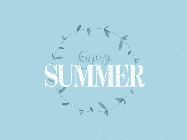 파란색 배경에 고립 된 잎의 프레임에 텍스트 "여름을 즐기십시오"와 벡터 미니멀 스타일 배너. 여름 이벤트,점포용 귀여운 일러스트 광고 디자인 배너. — 스톡 벡터