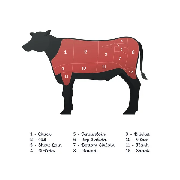 Vector beef steak diagram banner. American meat cutting. White modern style cow silhouette with markup. Red color zone highlighting, number and transcript below. Design for cafe menu, decor poster. — Stock Vector