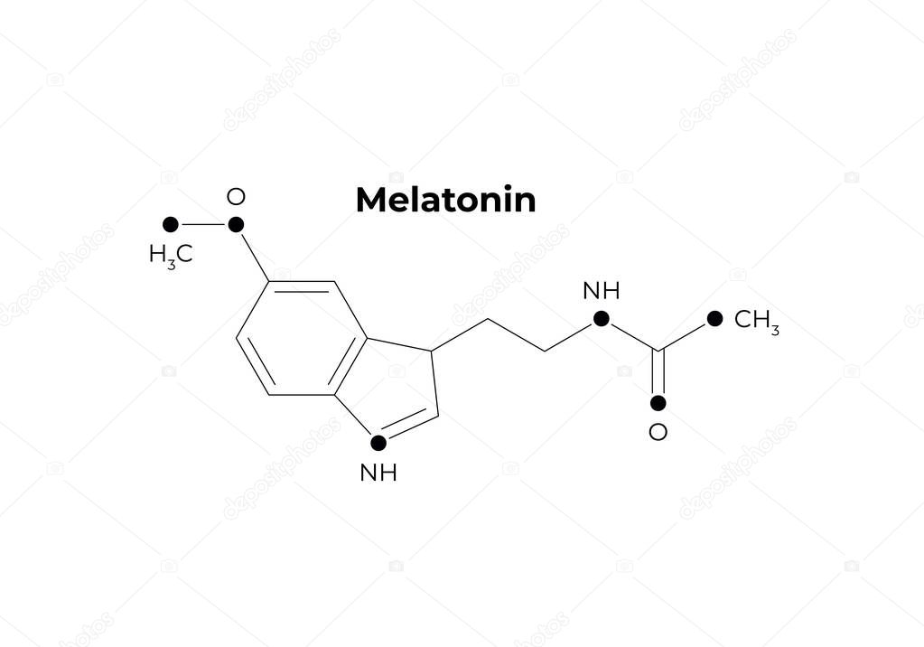 Vector hormones minimalistic banner template. Melatonin structure black isolated on white background. Hormone assosiated with sleep disorder. Design for science, education, presentation.