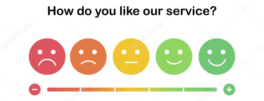 Set of the colorful emoticons with different mood from angry to happy. Smiles with five emotions: dissatisfied, sad, indifferent, glad, satisfied. Element of UI design for estimating client service.