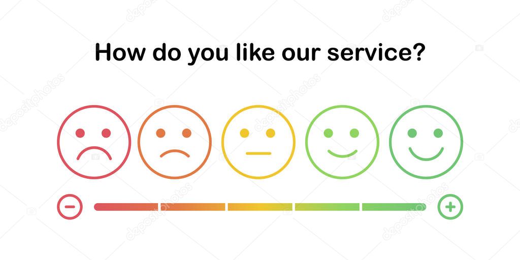 Set of the outline emoticons with different mood from angry to happy. Smiles with five emotions: disgruntled, gloomy, calm, glad, excited. Element of UI design for estimating client service.