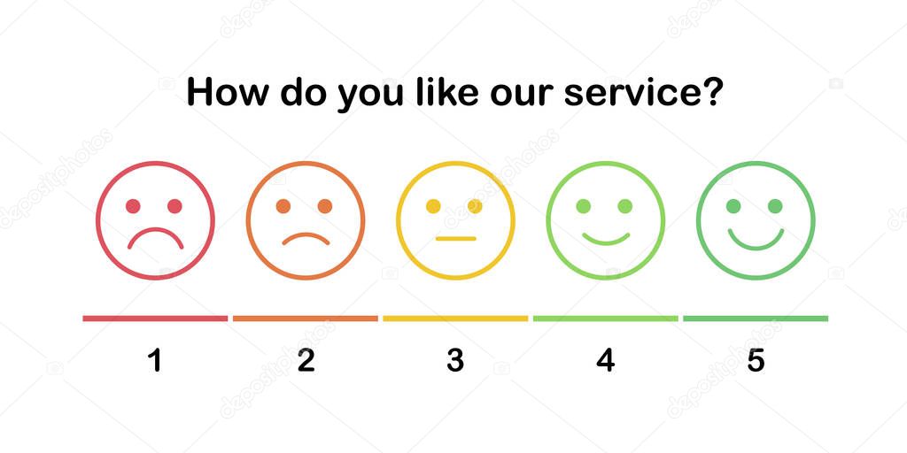 Element of UI design for client service rating. Set of the outline smiles with different emotions from sad to happy. Emoticons with five moods: disgruntled, angry, calm, excited, satisfied.