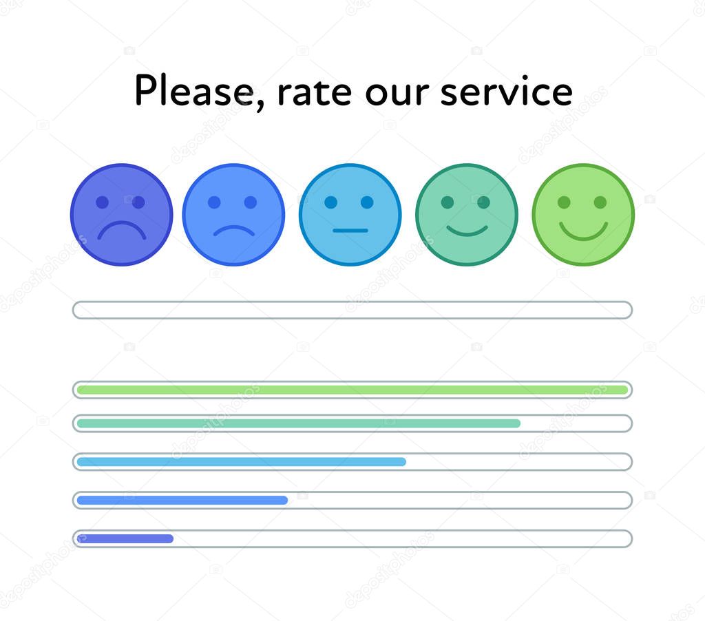 Vector horizontal mood tracker element set. Smile with progress bar with five gradation from violet disappointment to green satisfaction. Element of design for client service assessment, web, ui.