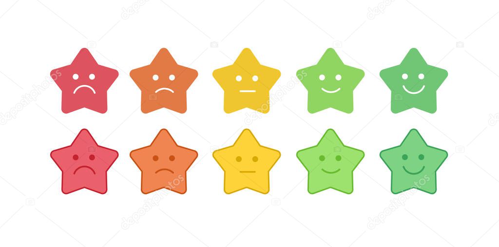 Vector icon set of the colorful star shaped emoticons with different mood. Smiles with five emotions: dissatisfied, sad, indifferent, glad, satisfied. Design for estimating client assessment.