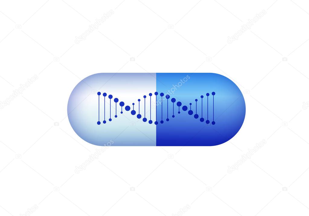 Vector science design elements. Flat blue gradient DNA spiral symbol in 3d pill isolated on white. Concept of gmo, gene modification. Design for scientific banner, poster, logo, infographic, web