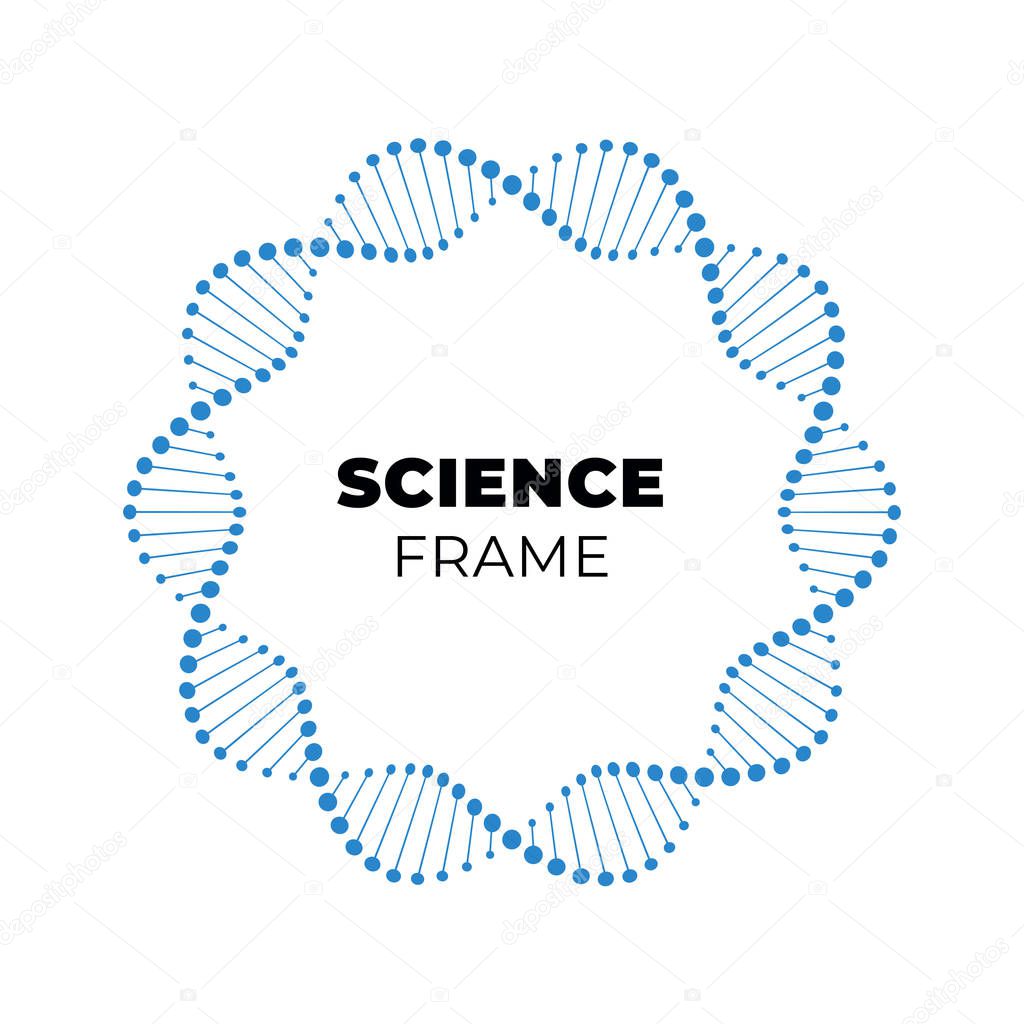 Vector science dna flat banner template. Blue atom spiral frame around text holder isolated on white background. Design for web, presentation, banner, poster.