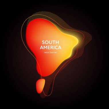 Trendy geometrik sıvı 3d neon afiş. Renkli kırmızı turuncu parlayan degrade sıvı sıçramaları ve siyah arka plan üzerinde elemanları. Dünya kıtaları konsepte ilham verdi. Güney Amerika metin.