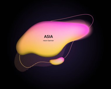 Trendy geometrik sıvı 3d neon afiş. Renkli turuncu pembe ışıklı gradyan fliud sıçramaları ve siyah arka plan üzerinde elemanları. Dünya jeo kıtaları konsepte ilham verdi. Asya metni.