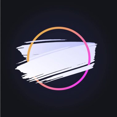 Vektör modern soyut fırça afiş. Siyah arka plan üzerinde izole pembe daire çerçeve degrade turuncu ile beyaz kontur şekli. Modaya uygun stil sunumu, web, afiş, poster, logo için tasarım öğesi.