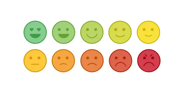 Vektorsymbol für Mood Tracker eingestellt. Zehn Skalen bunter Emotionen lächeln von enttäuscht bis glücklich isoliert auf weißem Hintergrund. Emoticon-Element des UI-Designs für Kundenbewertung, Feedback-Umfrage — Stockvektor