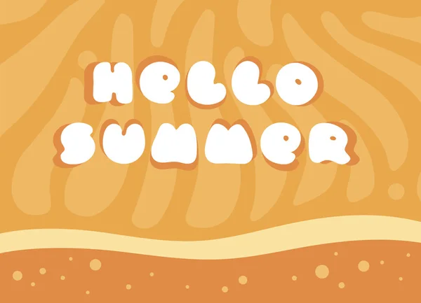 Πορτοκαλί πρότυπο banner με το κείμενο "Γεια σας καλοκαίρι". Πολύχρωμο σχεδιασμό για καλοκαιρινή αφίσα ή διαφήμιση. Λευκά χαριτωμένα παιδιά γραμματοσειρά σε φόντο εσπεριδοειδών υφή. Εικόνα για το καλοκαίρι εκτύπωση. — Διανυσματικό Αρχείο