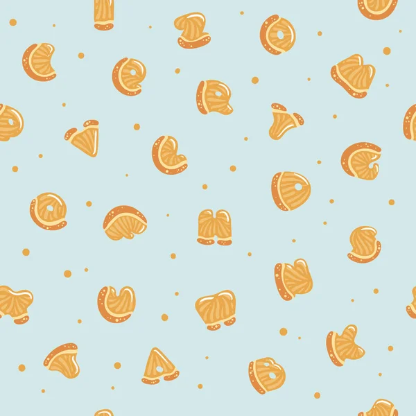 Nahtloses Muster mit niedlichen Zitrusbuchstaben. Cartoon-Alphabet aus Orangenscheiben mit weißen Akzenten auf blau-grünem Hintergrund geschnitzt. Zitrusfrüchte Sommer Schrift für Kinder. — Stockvektor