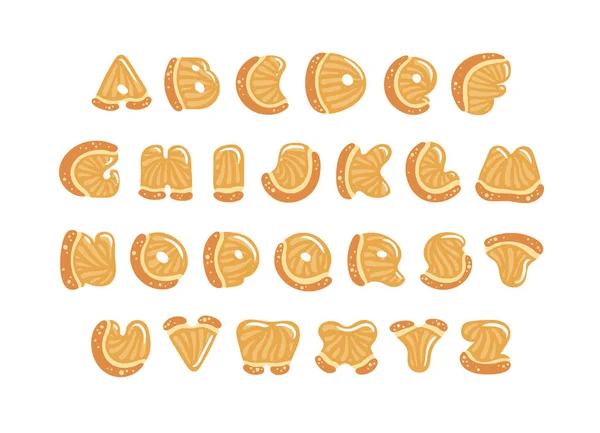 귀여운 오렌지 문자와 알파벳. 흰색 배경에 고립 된 작은 하이라이트와 감귤류의 육즙 조각에서 조각 만화 Abc. 어린이를위한 과일 여름 글꼴입니다. 손으로 그린 글자 — 스톡 벡터