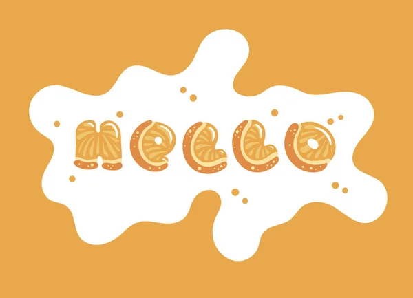 Banner mall med texten "Hello" skrivs av söta saftiga orange Font. Platt vektor illustration med citrus bokstäver. Färgglad design för sommar affisch eller advertizing. — Stock vektor