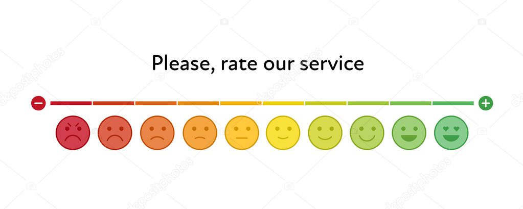 Vector feedback survey template. Ten scale of colorful emotion smiles from angry to happy with color slider on white background. Emoticons element of UI design for client service rating.