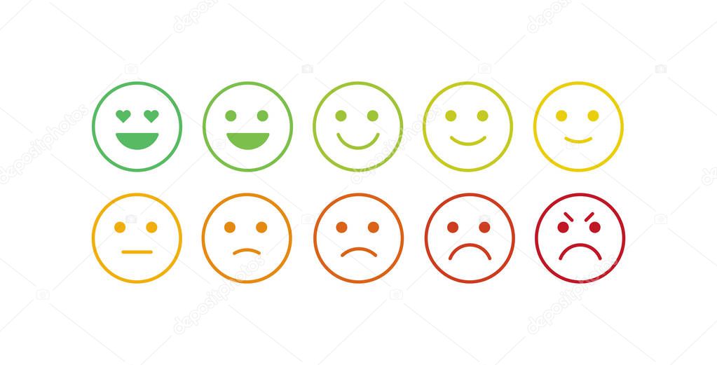 Vector icon set for mood tracker. Ten scale of silhouette emotion smiles from angry to happy isolated on white background. Emoticon element of UI design for client service rating, feedback survey