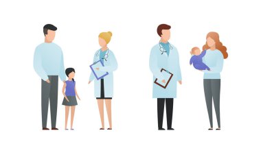 Trendy düz doktor ve hasta karakter vektör karikatür illüstrasyon. Erkek ve kadın çocuk doktoru ebeveynler ve çocuklar beyaz izole ile konuşuyor. Resimli ceket üniforması, kız, eldeki bebek.