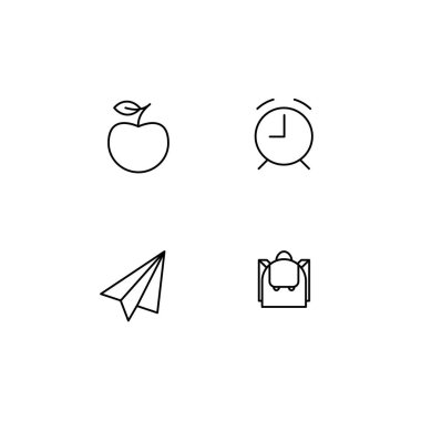Vektör okulu tema simgeleri kümesi. Siyah pictogram elma Öğrenci koleksiyonu, alarm, uçak ve sırt çantası beyaz arka plan üzerinde izole. Davet için modern tasarım öğeleri, mezuniyet