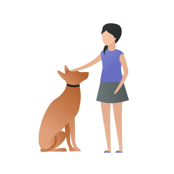 Trendige flache Kinderfigur Vektor Cartoon-Illustration. Mädchen und brauner Hund sitzen isoliert auf weißem Hintergrund. Teenager-Haustier. Symbol der Freundschaft und Beschützer. — Stockvektor