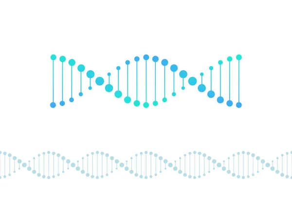 Elementos de design de ciência vetorial. SÃ mbolo espiral de DNA gradiente azul plana e padrão sem costura borda horizontal isolado no fundo branco. Design para banner científico, cartaz, logotipo, infográfico, web — Vetor de Stock