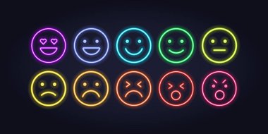 Ruh hali izleyicisi için vektör neon simgesi ayarlandı. Renk lambası on ölçek siyah izole mutlu dissappoited gelen duygu gülümsüyor. İstemci derecelendirmesi, geri bildirim, anket için Ui tasarımının ifade öğesi