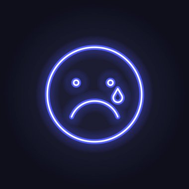 Duygudurum geri bildirimi için vektör neon simgesi. Mor gözyaşı parlayan ışık duygu gülümseme siyah izole ile ağlıyor. Müşteri derecelendirmesi, geri bildirim, anket, sosyal medya için Ui tasarımının ifade öğesi