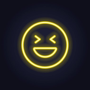 Sosyal medya için vektör neon simgesi. Sarı neşeli gülen mutlu parlayan parlaklık sembolü siyah izole daire çerçeve içinde. Web, promosyon, reklam için Ui tasarım İfade unsuru.