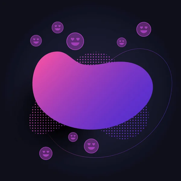 Vector fluid emotion banner template. Colorful abstract pink to violet gradient shape and positive love face smile isolated on black background. Modern design for emoji, social media, insta. — Stock Vector