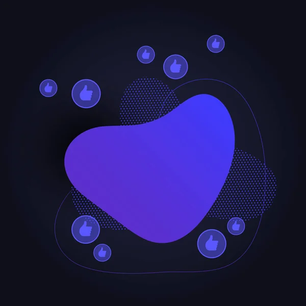 Vector vloeistof emotie banner sjabloon. Kleurrijke abstract violet naar blauwe romantische gradiënt vorm en duim omhoog symbool geïsoleerd op zwarte achtergrond. Modern ontwerp voor Emoji, Social Media. — Stockvector