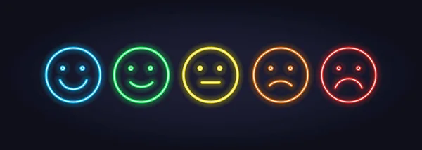 Vektor Neon Icon Set für Mood Tracker. Fünf-Farb-Lampe beleuchtete Emotion Lächeln von zufrieden bis Wut isoliert auf schwarz. Emoticon-Element des UI-Designs für Kundenbewertung, Feedback, Umfrage — Stockvektor