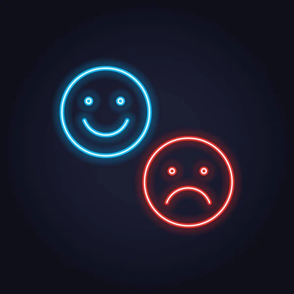 Conjunto de iconos de neón vectorial para rastreador de estado de ánimo. Lámpara azul positiva y roja negativa iluminada sonrisa emocional aislada en negro. Elemento emoticono del diseño de interfaz de usuario para la calificación del cliente, retroalimentación, encuesta — Archivo Imágenes Vectoriales