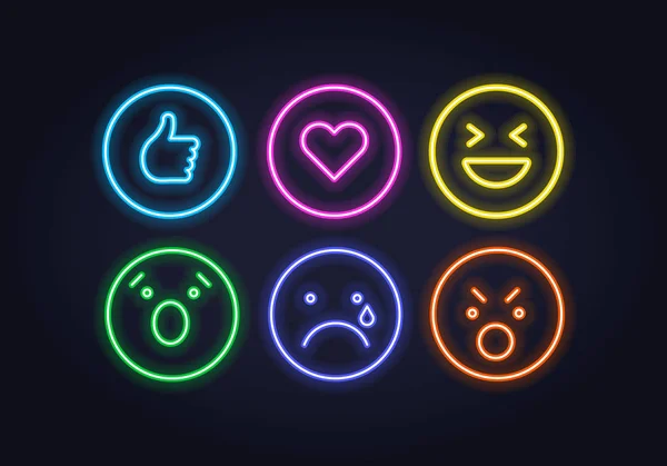Vektor Neon Icon Set für soziale Medien. Daumen hoch, Herz und Lächeln beleuchteten leuchtende Symbole im Kreisrahmen isoliert auf schwarz. Emoticon-Element des UI-Designs für Web, Promotion, Werbung. — Stockvektor
