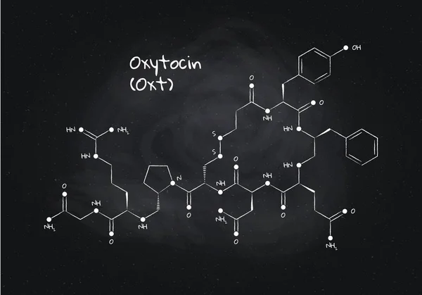 Vector hormonen studie banner sjabloon. Krijt getekende oxytocine structuur op zwarte bord achtergrond. Hormoon assosiated met hechting, verslaving, pijn, angst. Ontwerp voor onderwijs, presentatie. — Stockvector
