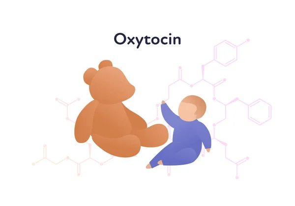 Vektorhormone flachen Charakter Banner Vorlage. Oxytocin strukturiert Baby- und Bärenspielzeug auf weiß. Hormon assoziiert mit Bindung, Pflege, Beziehungsdesign für Bildung, Präsentation, Web, Karte, Poster — Stockvektor